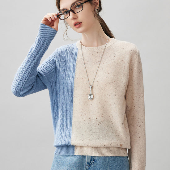 COMOBOCA Beige 100% Cashmere Women's Color Block Cable Knit Sweater