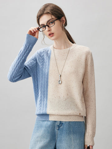 COMOBOCA Beige 100% Cashmere Women's Color Block Cable Knit Sweater