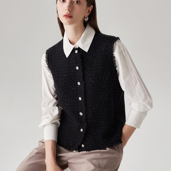 COMOBOCA 100% Wool Women's Button Down Frayed Hem Knit Vest