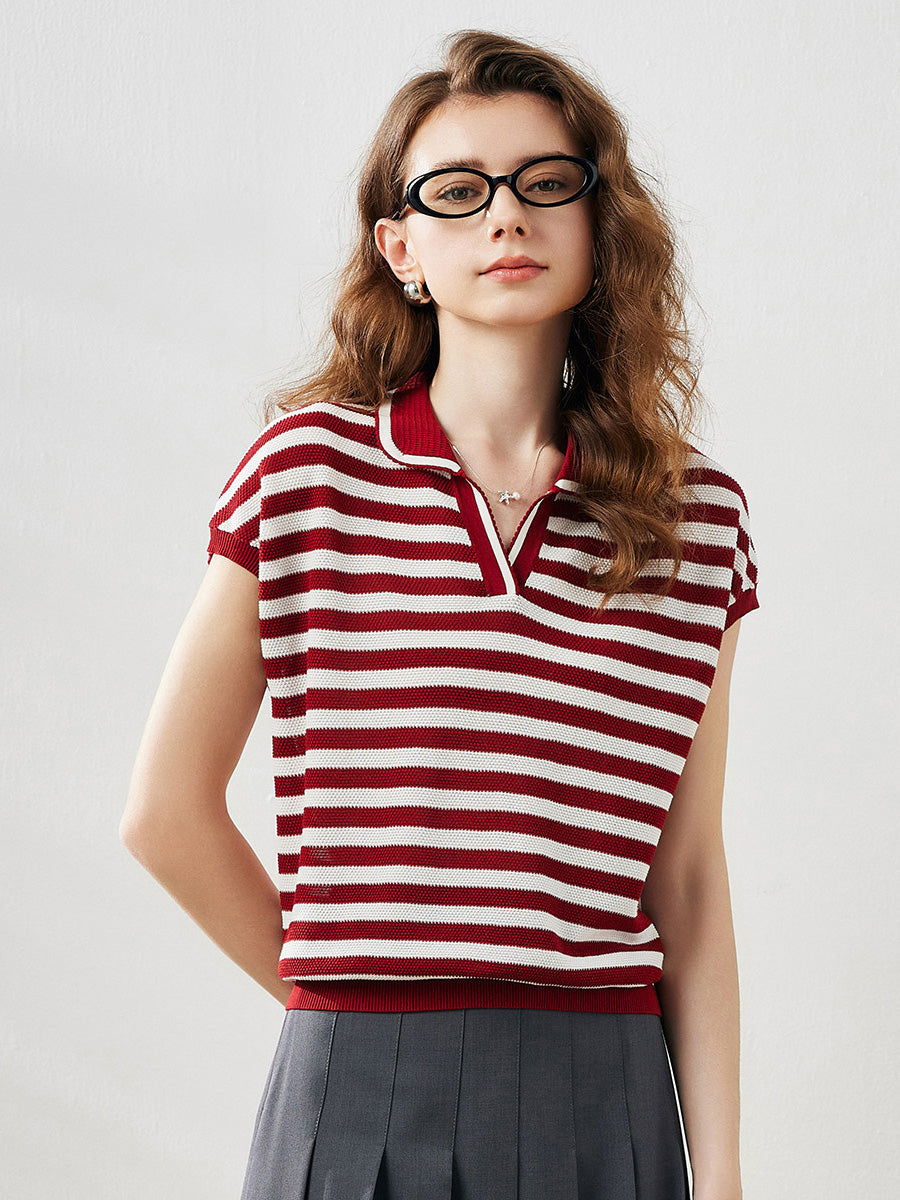 COMOBOCA Women's Striped Polo Knit T-Shirt