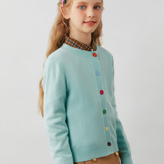 COMOBOCA 100% Wool Kids' Colorful Buttons Round Neck Cardigan