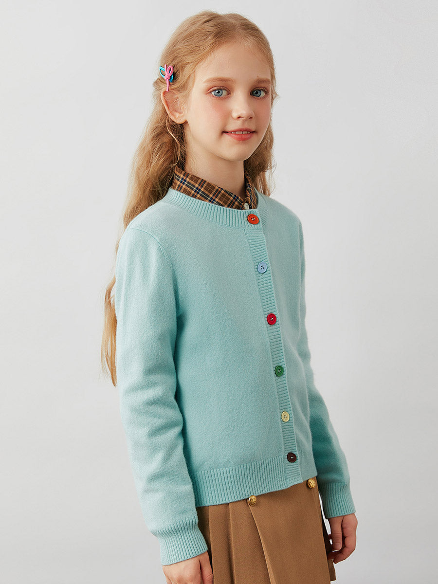 COMOBOCA 100% Wool Kids' Colorful Buttons Round Neck Cardigan