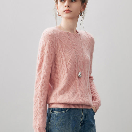 COMOBOCA 100% Cashmere Women's Cable Round Neck Knit Sweater