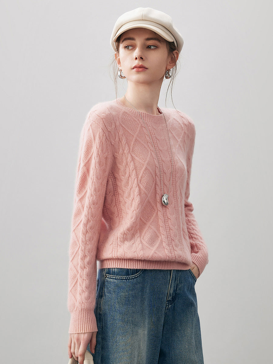 COMOBOCA 100% Cashmere Women's Cable Round Neck Knit Sweater