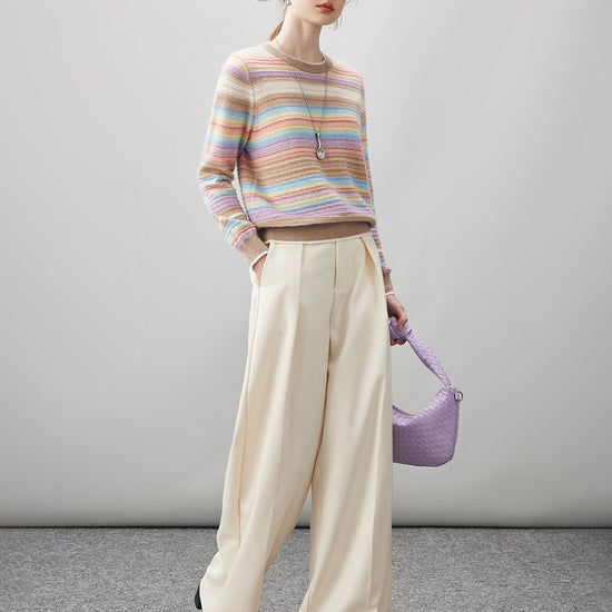 COMOBOCA 100% Cashmere Women's Rainbow Striped Round Neck Sweater
