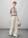 COMOBOCA 100% Cashmere Women's Rainbow Striped Round Neck Sweater
