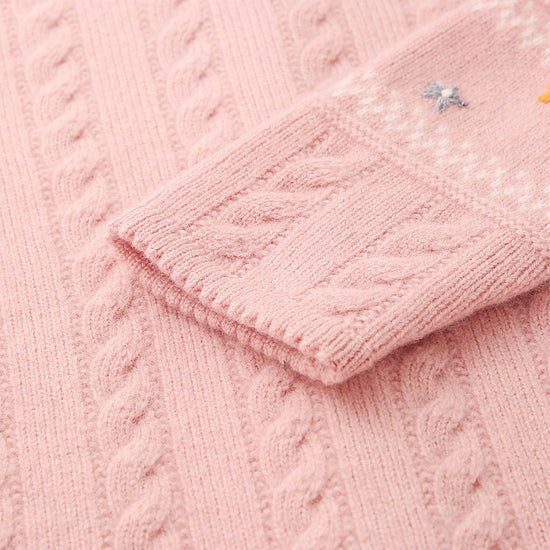 COMOBOCA 100% Wool Kid's Floral Embroidered Cable Knit Cardigan