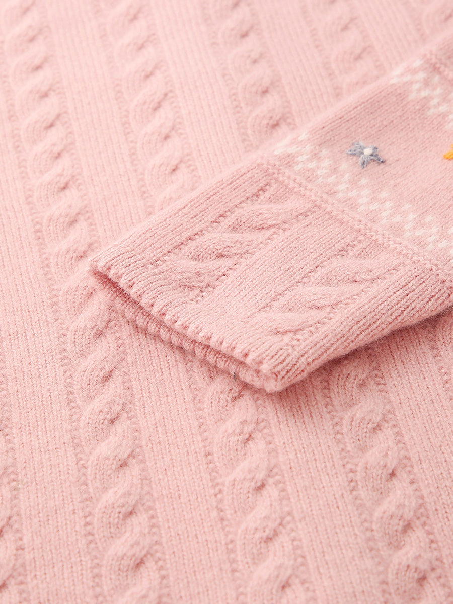 COMOBOCA 100% Wool Kid's Floral Embroidered Cable Knit Cardigan