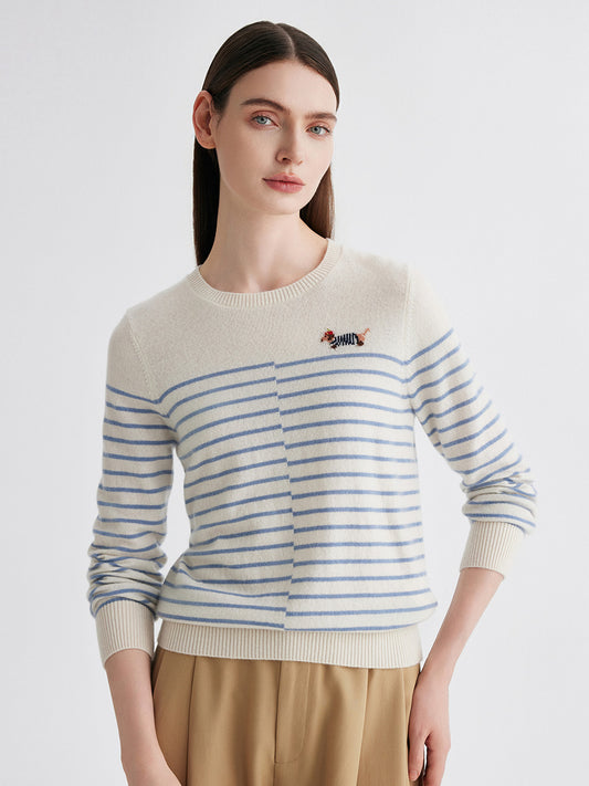 COMOBOCA White 100% Cashmere Women's Striped Round Neck Sweater