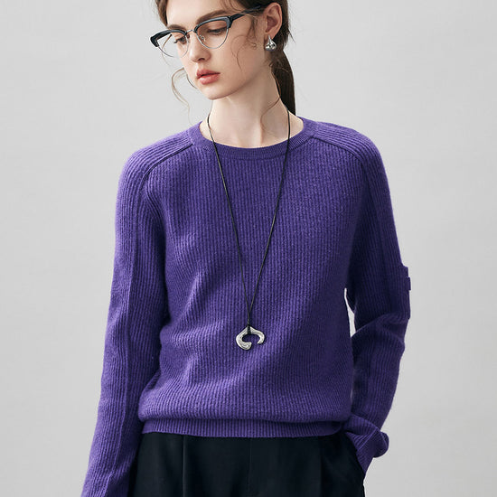 COMOBOCA Purple 100% Cashmere Women's Ribbed Round Neck Sweater