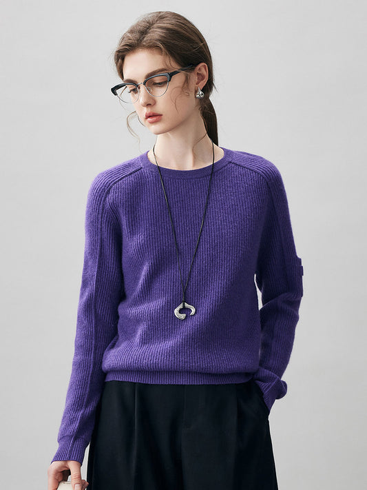 COMOBOCA Purple 100% Cashmere Women's Ribbed Round Neck Sweater