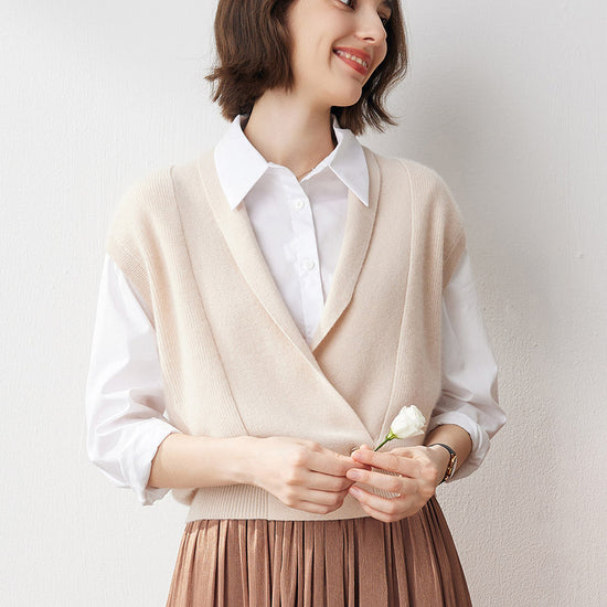 COMOBOCA Beige 100% Cashmere Women's Knit Sleeveless Wrap Vest