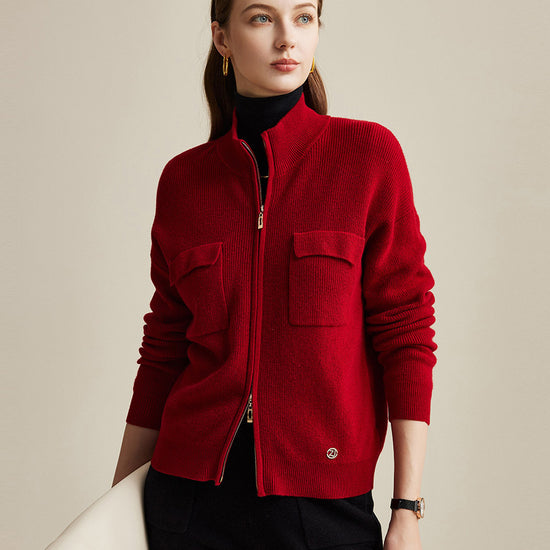 COMOBOCA Red 100% Wool Women's Dual Zip Cardigan with Pockets