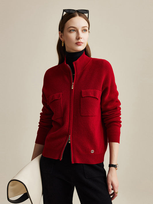 COMOBOCA Red 100% Wool Women's Dual Zip Cardigan with Pockets