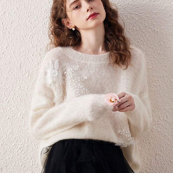 COMOBOCA Floral Women's Mohair Embroidered Floral Sweater