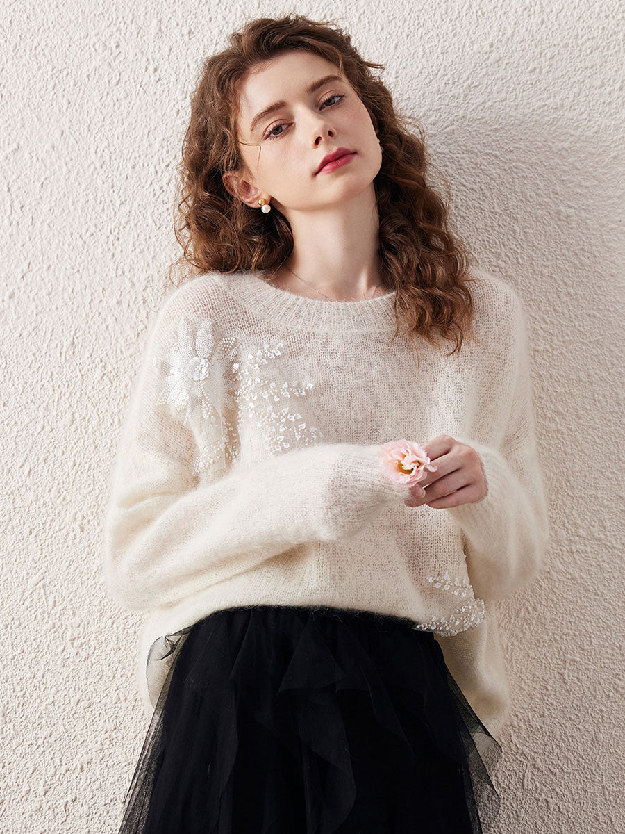 COMOBOCA Floral Women's Mohair Embroidered Floral Sweater