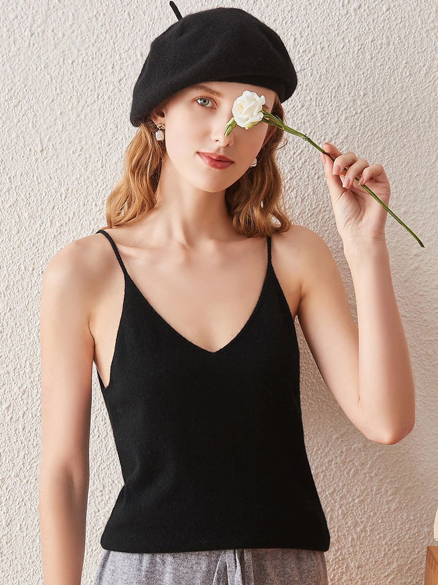 COMOBOCA Black 100% Cashmere Women's V-Neck Camisole