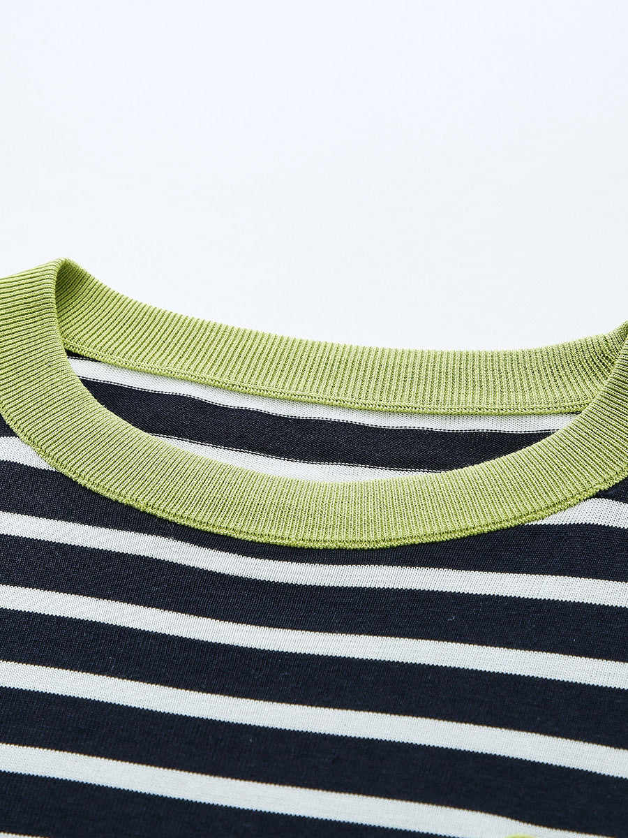 COMOBOCA Women's Striped Heart Embroidered Cotton Silk Sweater