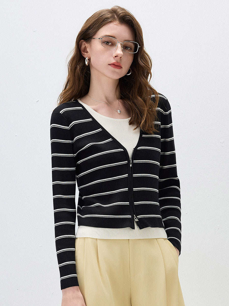 COMOBOCA Women's Striped Ribbed Knit Faux 2-in-1 Zip Cardigan