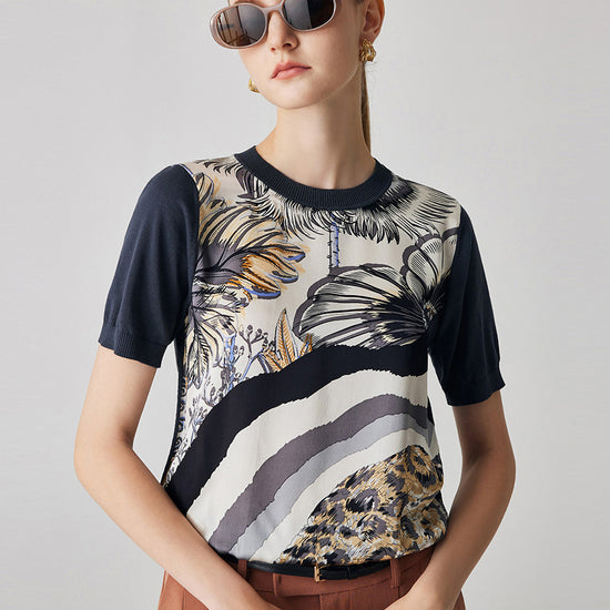 COMOBOCA Navy Blue Women's Cotton Silk Floral Ribbed Print Knit T-Shirt