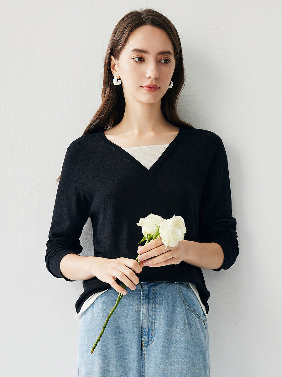 COMOBOCA BLACK Women's V-Neck Layered Knit Sweater