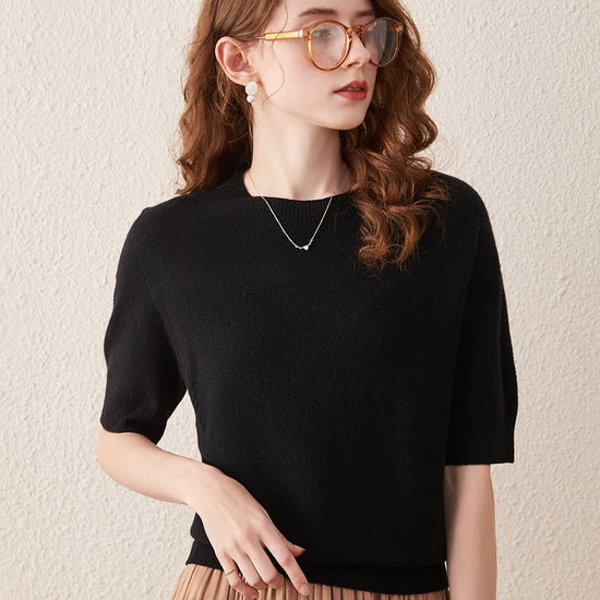 COMOBOCA BLACK 100% Wool Women's Seamless Round Neck Knit Sweater