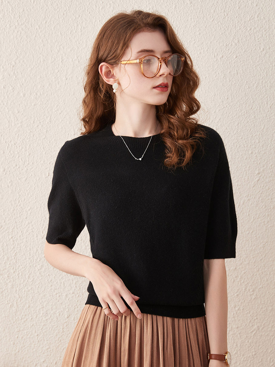 COMOBOCA BLACK 100% Wool Women's Seamless Round Neck Knit Sweater