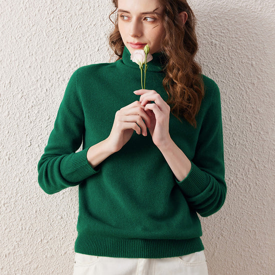 COMOBOCA GREEN 100% Wool Women's Ribbed Turtleneck Sweater