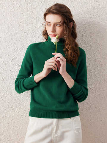 COMOBOCA GREEN 100% Wool Women's Ribbed Turtleneck Sweater