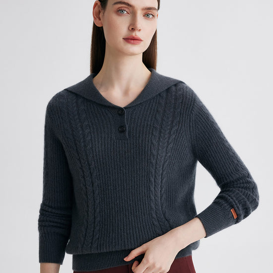 COMOBOCA Charcoal 100% Cashmere Women's Cable Sailor Collar Sweater