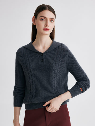 COMOBOCA Charcoal 100% Cashmere Women's Cable Sailor Collar Sweater