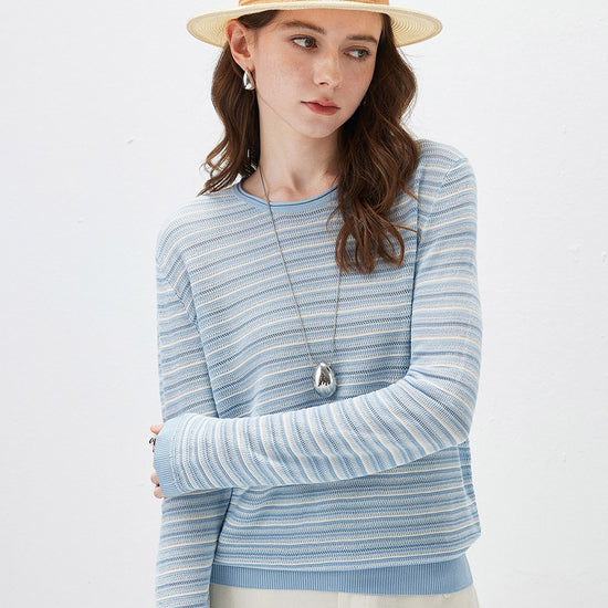 COMOBOCA Women's Striped Mesh Knit Round Neck Sweater