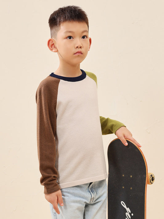 COMOBOCA 100% Wool Kid's Casual Colorblock Knit Sweater