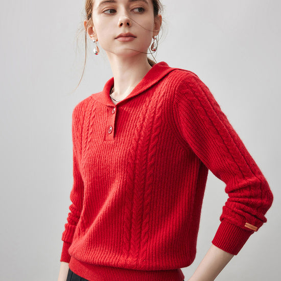 COMOBOCA 100% Cashmere Women's Cable Sailor Collar Sweater