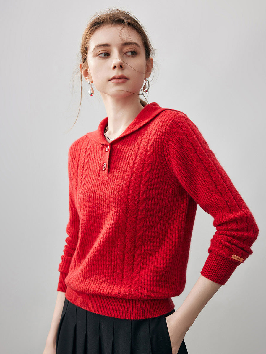 COMOBOCA 100% Cashmere Women's Cable Sailor Collar Sweater