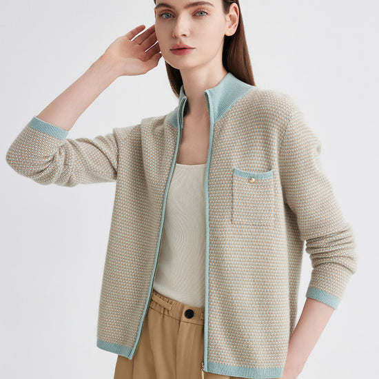 COMOBOCA 100% Cashmere Women's Textured Knit Zip Up Cardigan