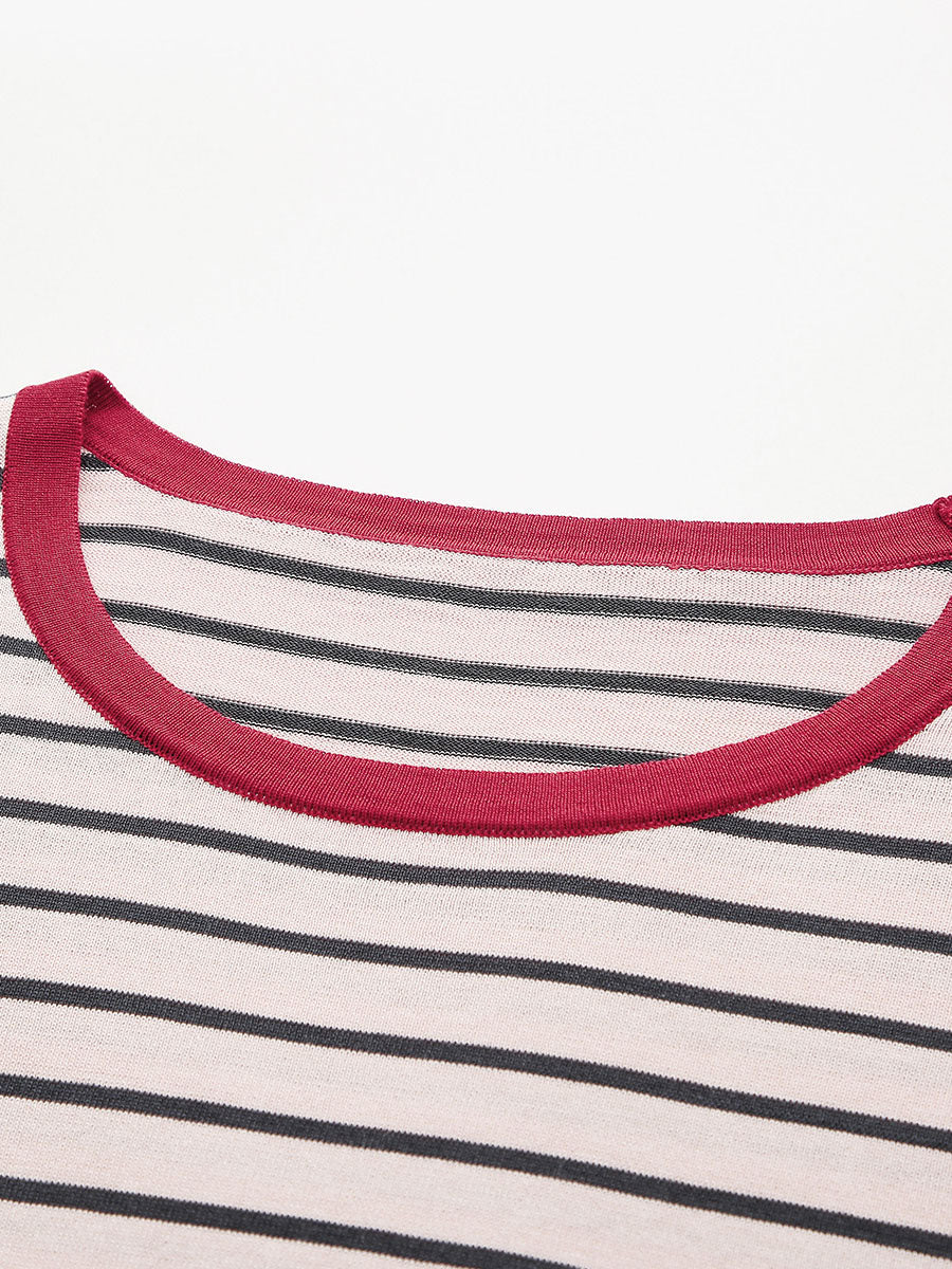 COMOBOCA Women's Striped Ribbed Contrast Trim T-Shirt