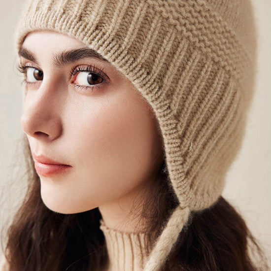 COMOBOCA 100% Cashmere Women's Ear Flap Beanie with Pom-Poms
