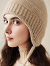 COMOBOCA 100% Cashmere Women's Ear Flap Beanie with Pom-Poms