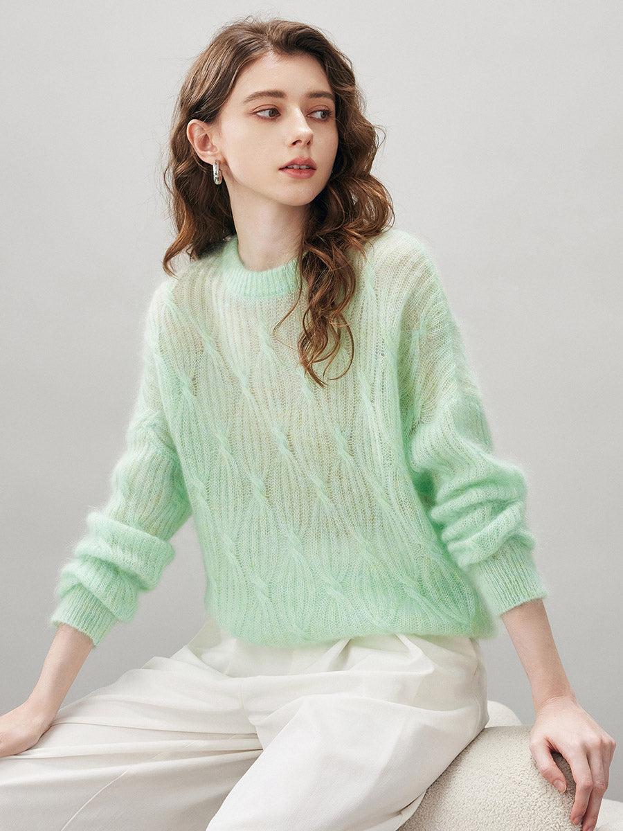 COMOBOCA Women's Mohair Cable Knit Round Neck Sweater