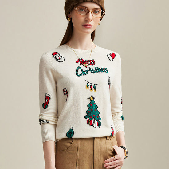 COMOBOCA 100% Cashmere Women's Christmas Embroidered Knit Sweater