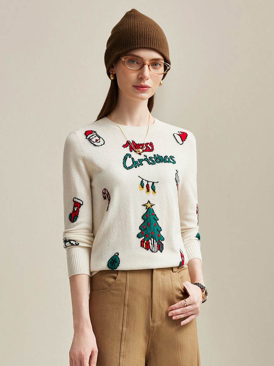 COMOBOCA 100% Cashmere Women's Christmas Embroidered Knit Sweater