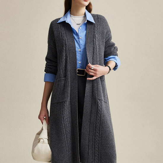 COMOBOCA Gray 100% Wool Women's Cardigan Long Knit Coats with Pockets