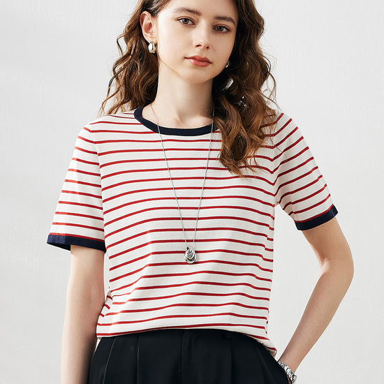 COMOBOCA Women's Striped Ribbed Contrast Trim T-Shirt