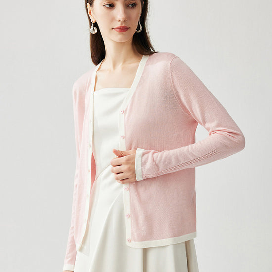 COMOBOCA Women's Ribbed V-neck Cardigan with White Trim