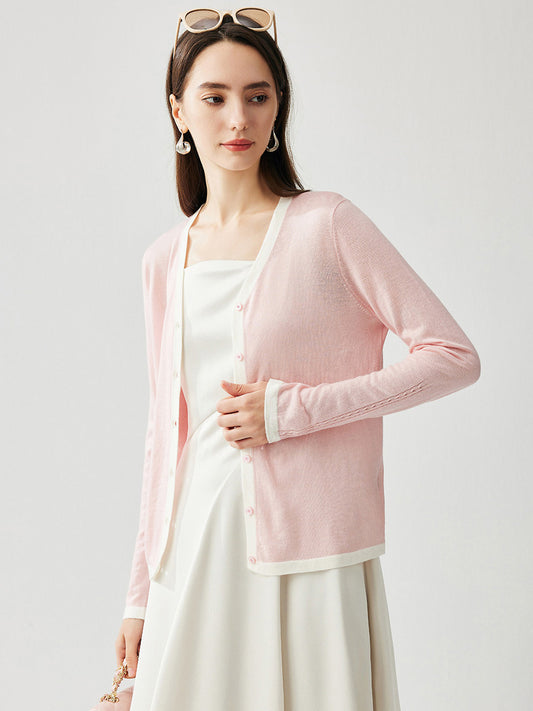 COMOBOCA Women's Ribbed V-neck Cardigan with White Trim