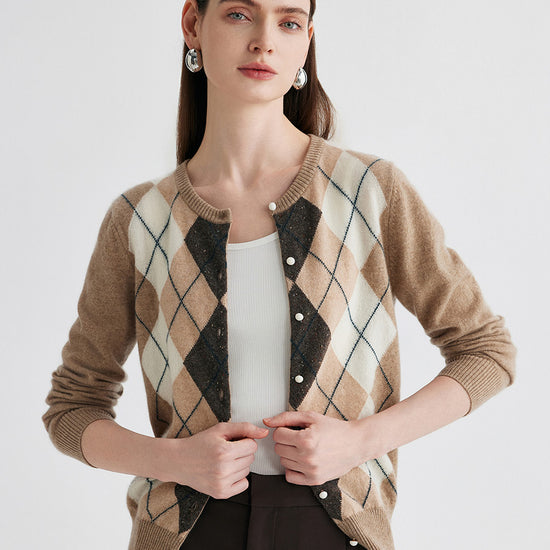 COMOBOCA Camel 100% Cashmere Women's Argyle Pattern Cardigan