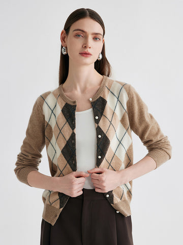 COMOBOCA Camel 100% Cashmere Women's Argyle Pattern Cardigan
