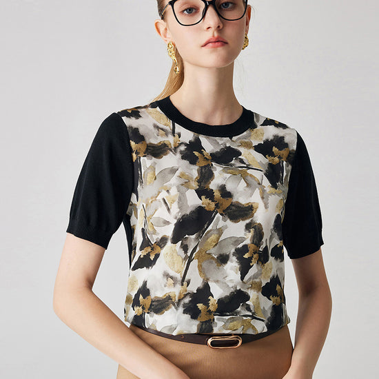 COMOBOCA Women's Cotton Silk Floral Ribbed Print Knit T-Shirt