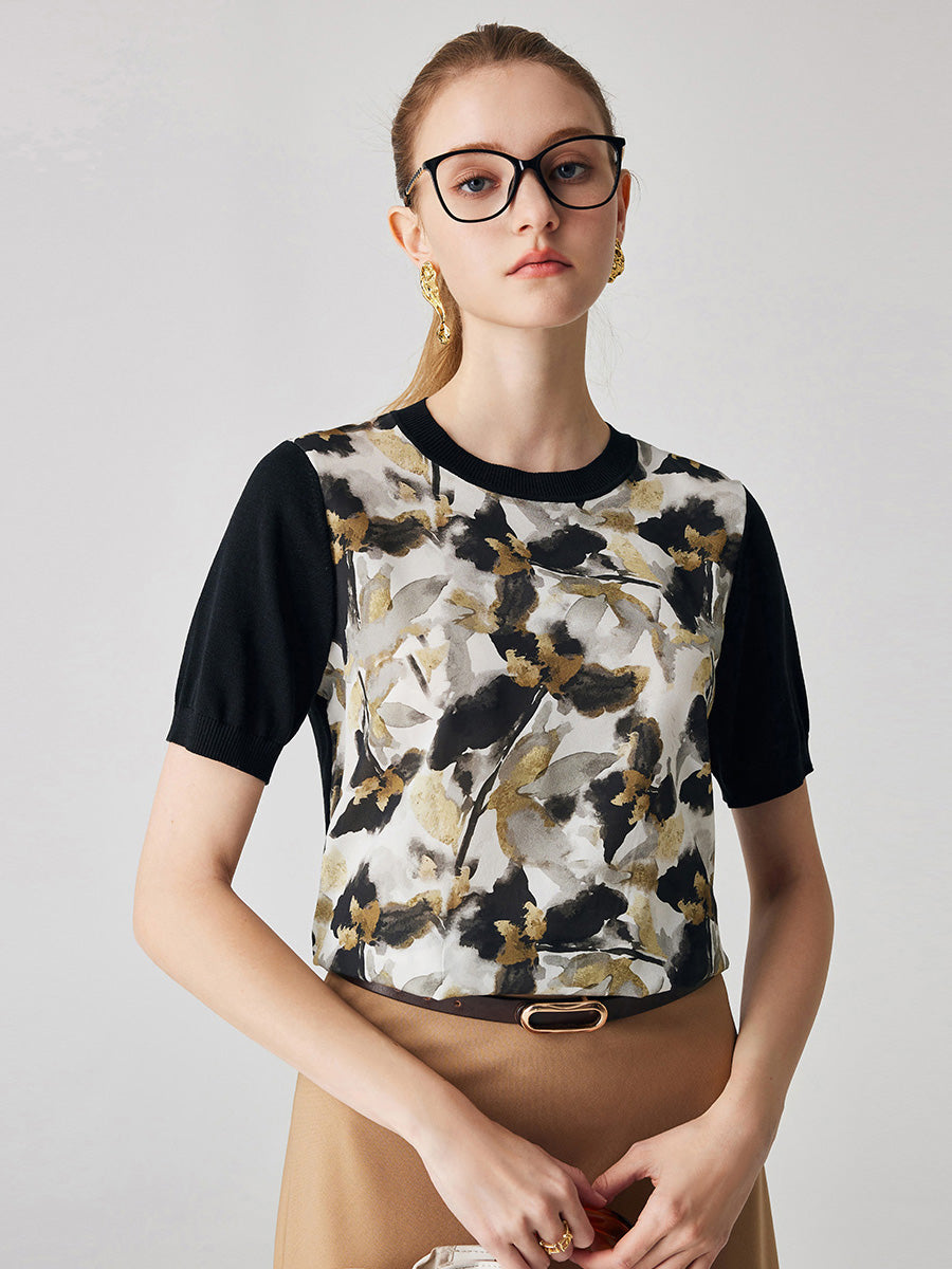 COMOBOCA Women's Cotton Silk Floral Ribbed Print Knit T-Shirt